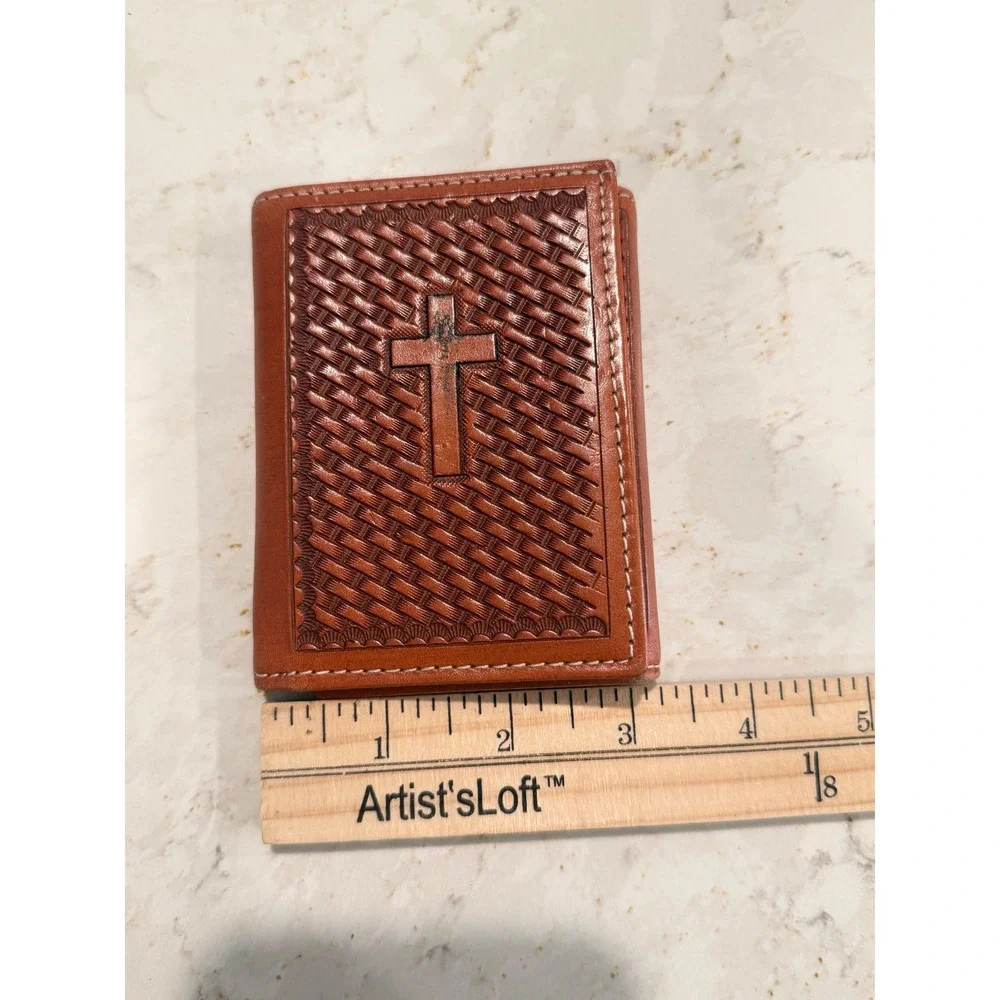 Cowboy Chrome Handtooled Leather Trifold Wallet Brown Basketweave Cross Mens